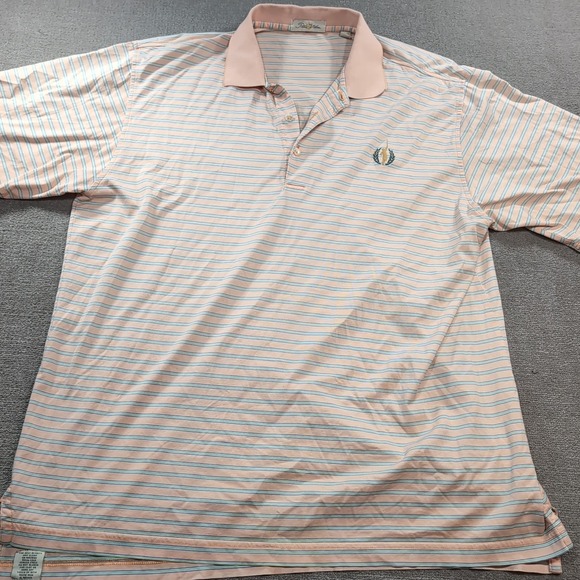 Peter Millar Comfort Polo Shirt Mens‎ L Peach Striped Golf Activewear Pink - Picture 1 of 9